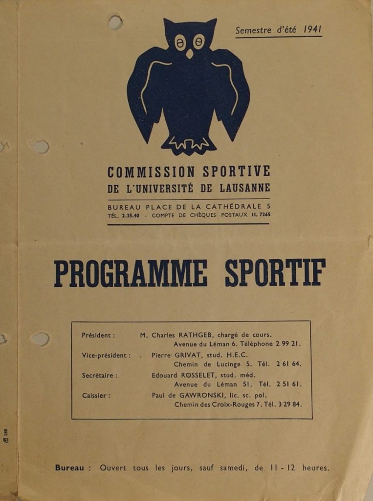 Premier programme édité par la Commission sportive de l’Université de Lausanne (1941) © Archives du Service du Sport Universitaire, Fonds «Claude Bucher»