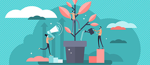 Mentoring vector illustration. Flat tiny motivation couch persons concept.