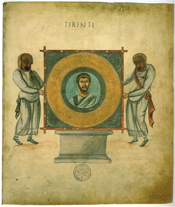 P23MéBAC1 Biblioteca Vaticana, Vat. lat.3868, fol. 2r Frontispice du Codex Vaticanus Latinus 3868 avec le portrait de Terence.jpg