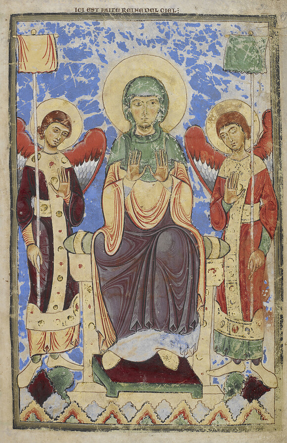 Winchester Psalter [Psalter of Henry of Blois; Psalter of St Swithun]. - caption: 'The Virgin enthroned, between two archangels'