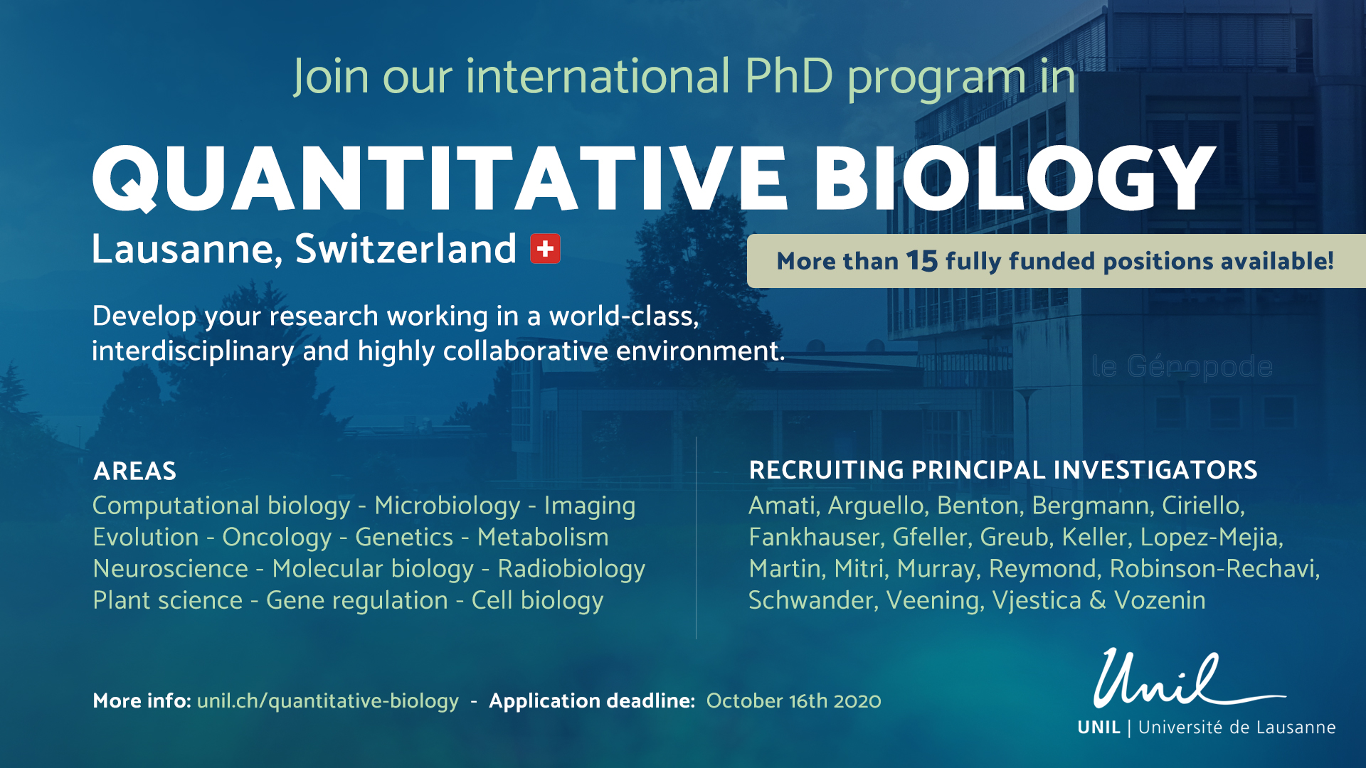 Over 15 fully funded PhD studentships in Quantitative Biology in Lausanne,  Switzerland