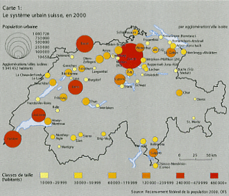 Carte de la population des principales villes suisses